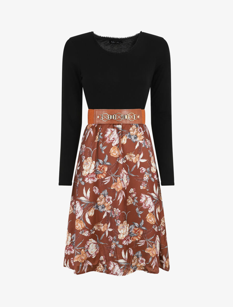 Robe bicolore à imprimé floral - Marron - 1