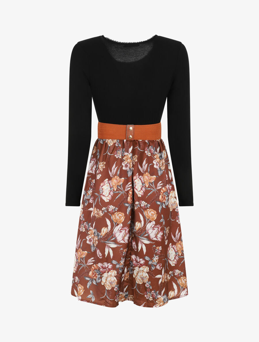 Robe bicolore à imprimé floral - Marron - 2