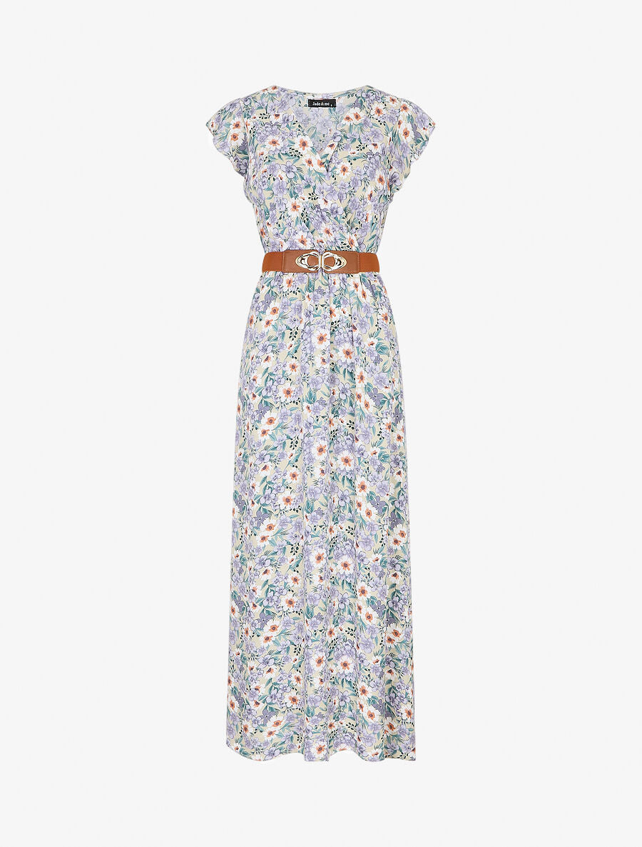 Robe longue imprimé fleuri à manches volantées - Beige - 5