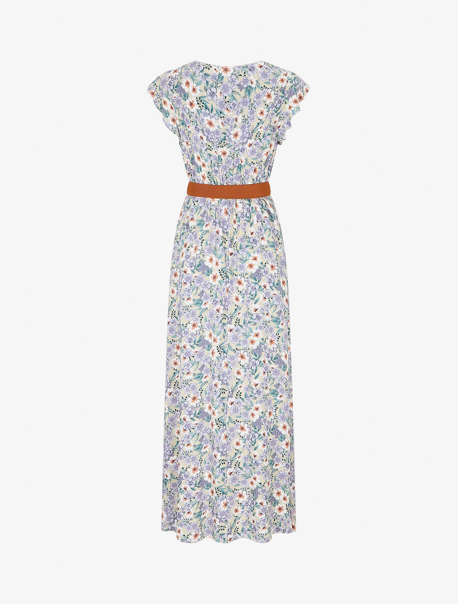 Robe longue imprimé fleuri à manches volantées - Beige - 2