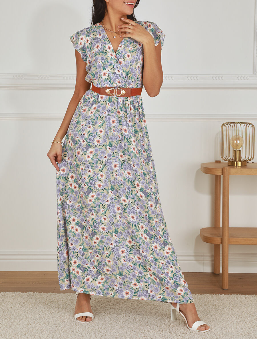 Robe longue imprimé fleuri à manches volantées - Beige - 4