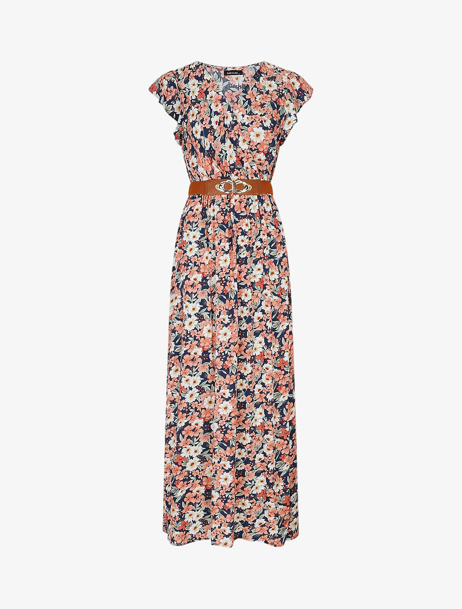 Robe longue imprimé fleuri à manches volantées - Marine - 1