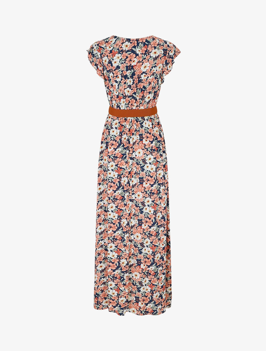 Robe longue imprimé fleuri à manches volantées - Marine - 2