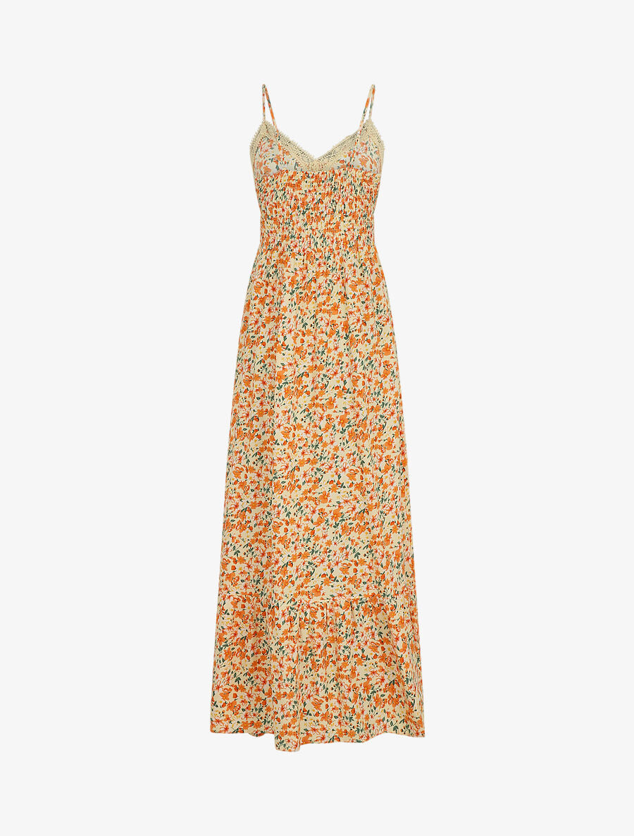 Robe longue à col dentelle et imprimé multi-fleurs - Beige - 2