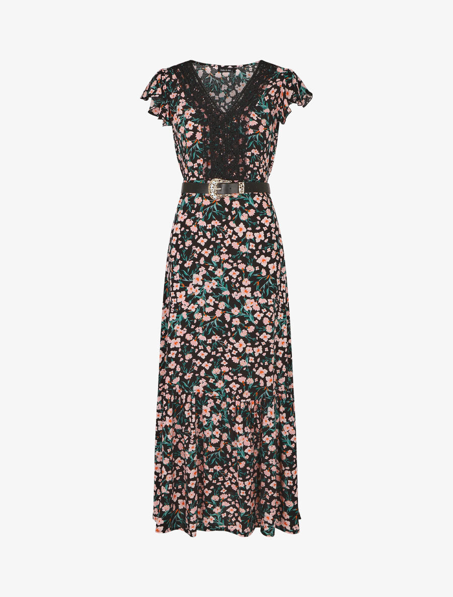 Robe longue élastiquée imprimé fleuri et broderies - Noir - 4