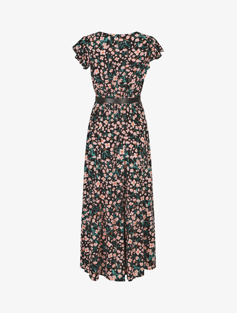 Robe longue élastiquée imprimé fleuri et broderies - Noir - 2
