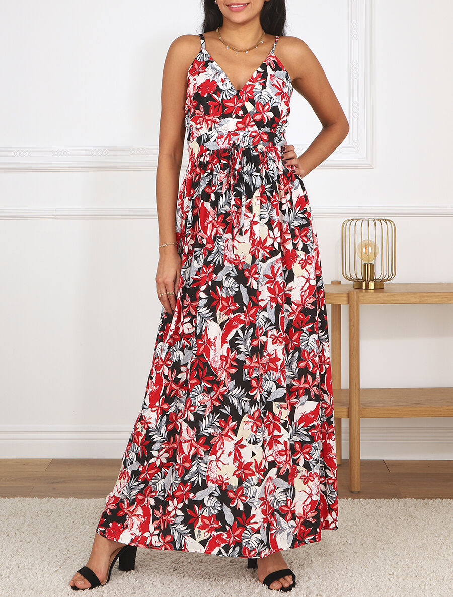 Robe longue empire à imprimé fleurs - Noir - 4