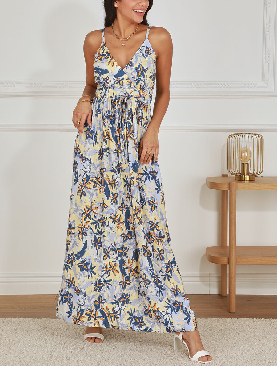 Robe longue empire à imprimé fleurs - Bleu - 4