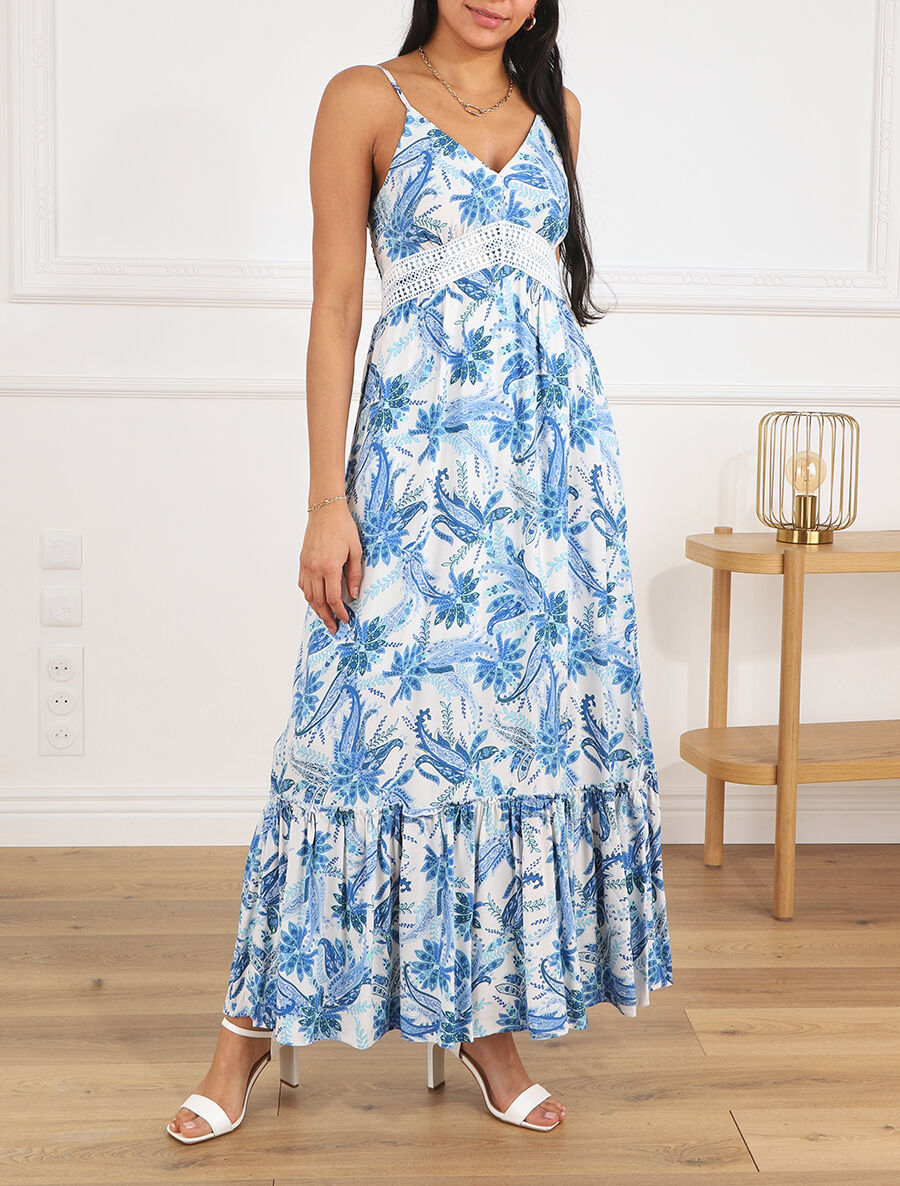 Robe imprimé foulard à base volantée - Bleu - 4