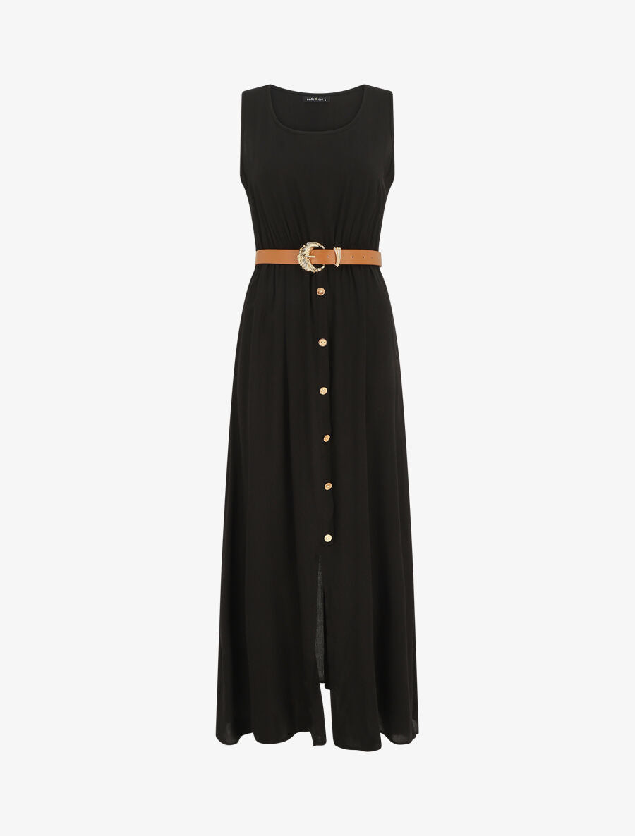 Robe longue unie boutonnée sans manches - Noir - 5
