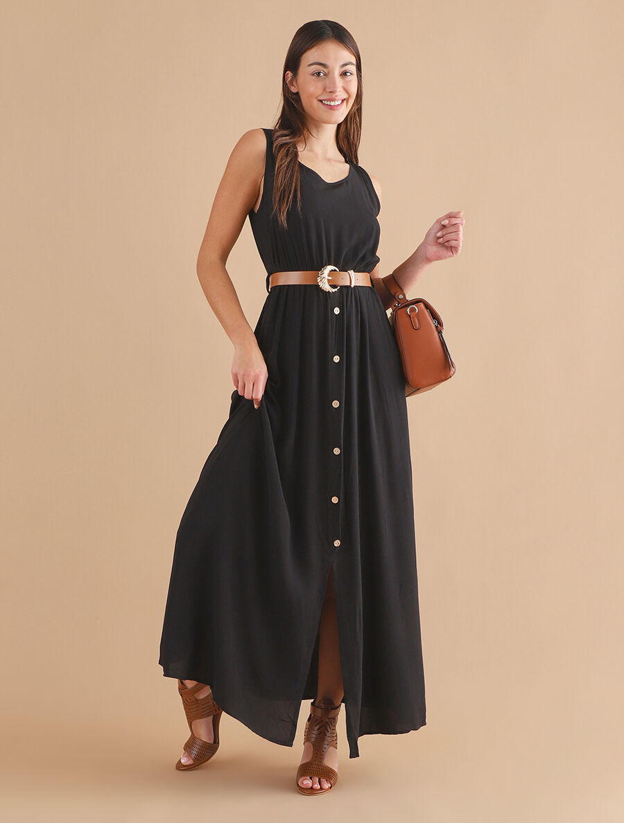 Robe longue unie boutonnée sans manches - Noir - 4