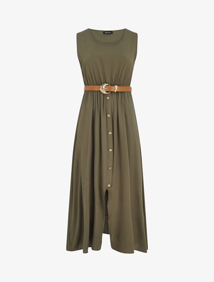 Robe longue unie boutonnée sans manches - Kaki - 1