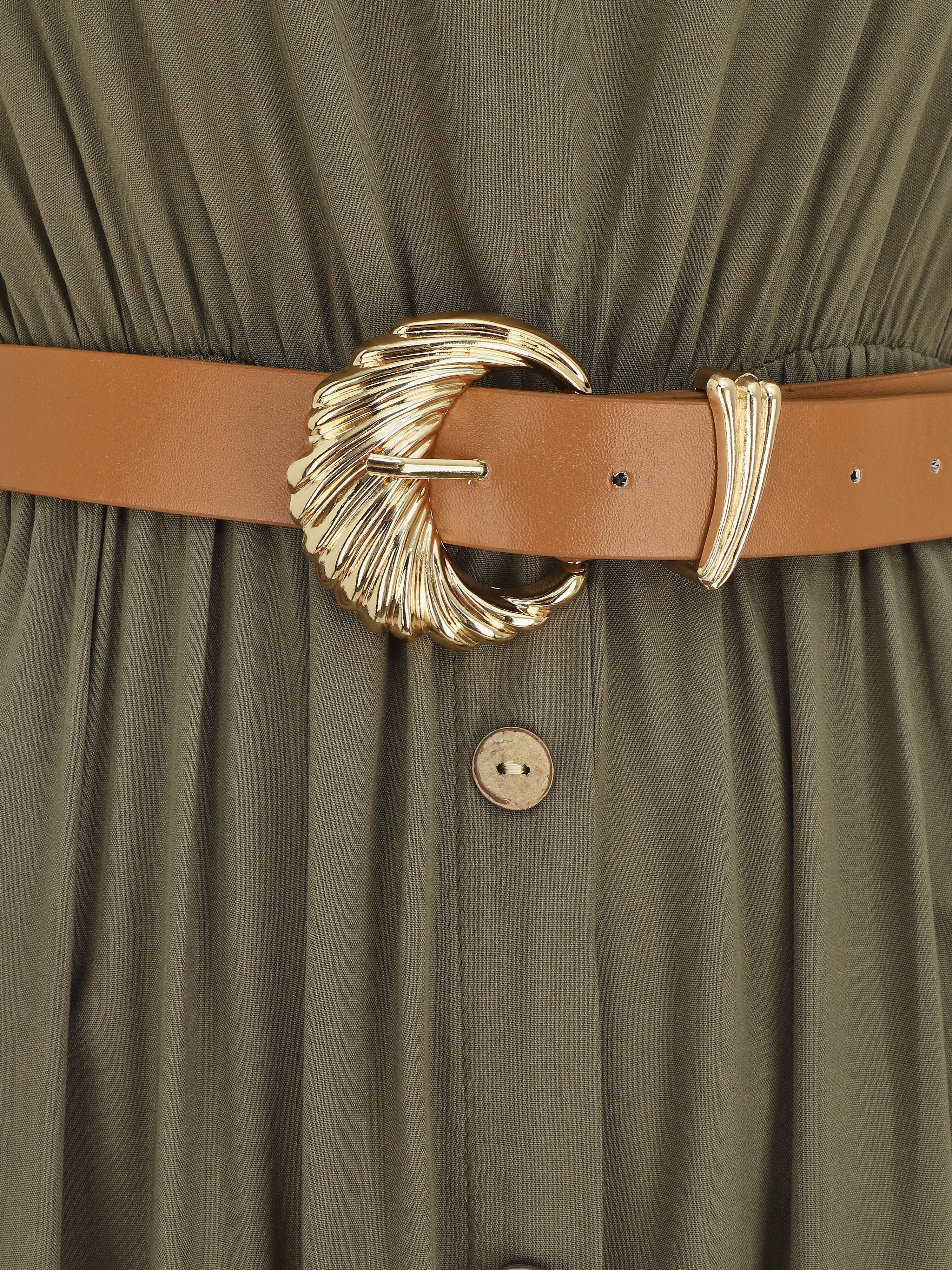 Robe longue unie boutonnée sans manches - Kaki - 3