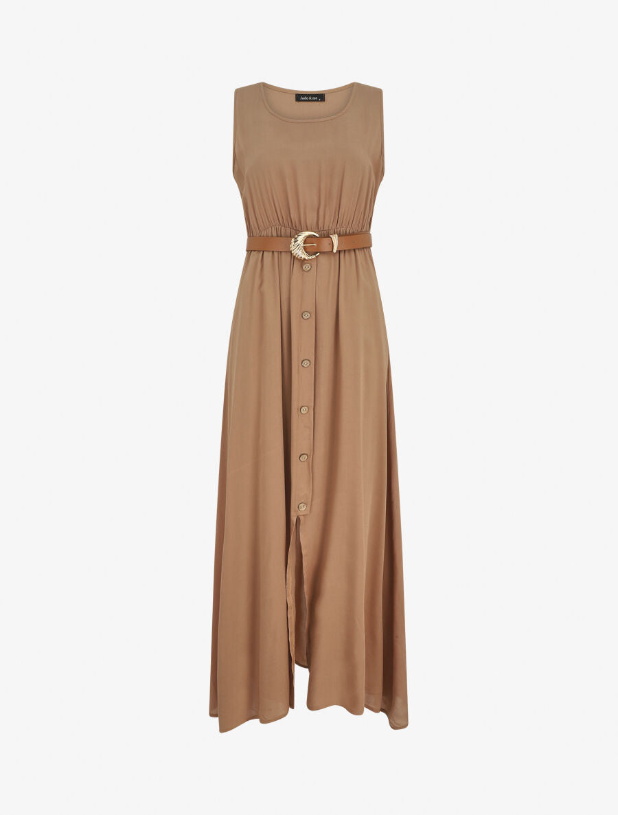 Robe longue unie boutonnée sans manches - Beige - 1