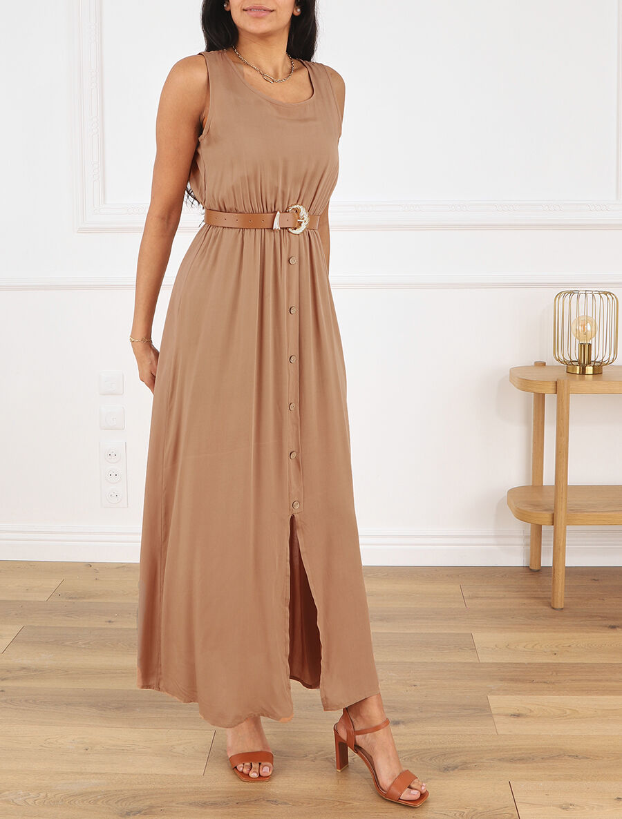 Robe longue unie boutonnée sans manches - Beige - 4