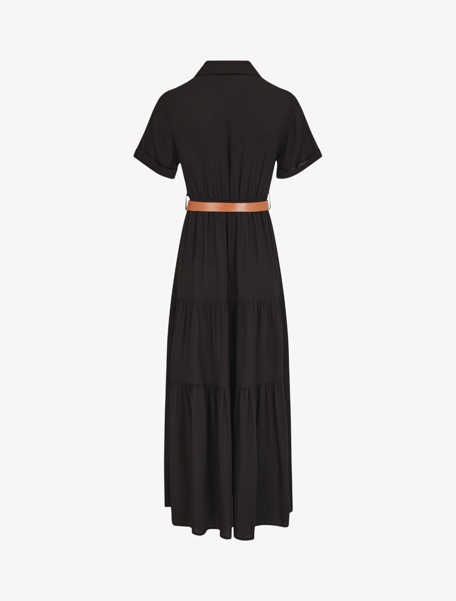 Robe longue unie à taille élastiquée - Noir - 2