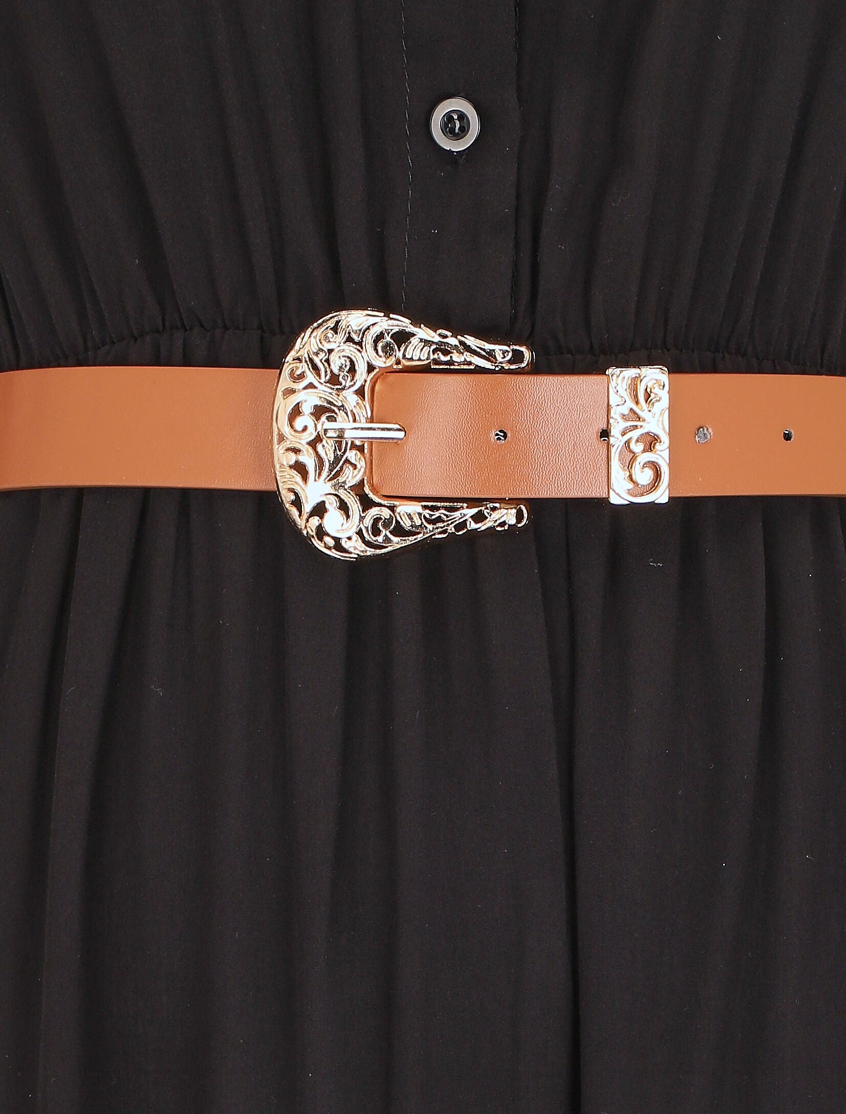 Robe longue unie à taille élastiquée - Noir - 3