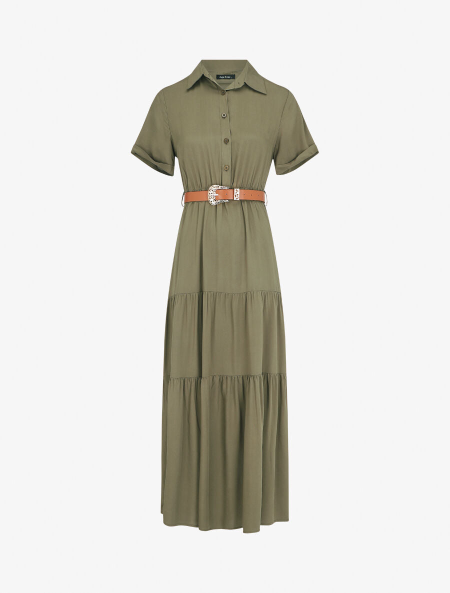 Robe longue unie à taille élastiquée - Kaki - 1
