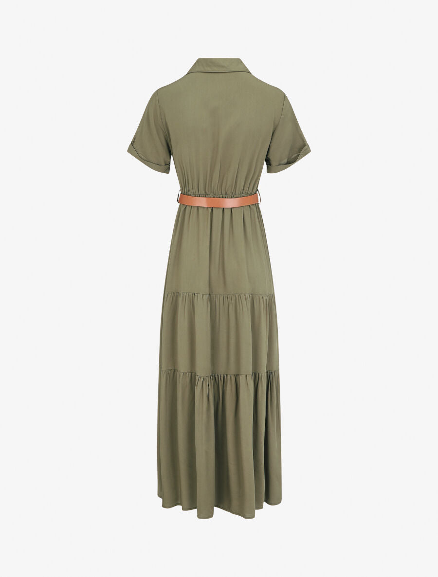 Robe longue unie à taille élastiquée - Kaki - 2