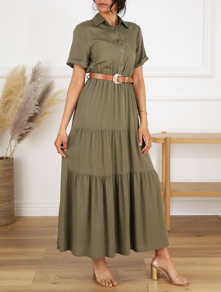 Robe longue unie à taille élastiquée - Kaki - 4