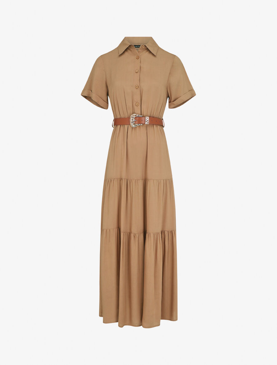 Robe longue unie à taille élastiquée - Beige - 1