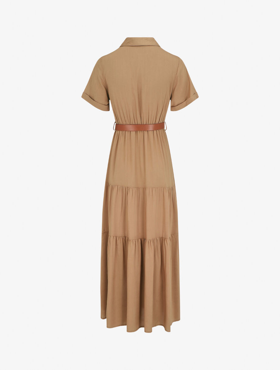 Robe longue unie à taille élastiquée - Beige - 2