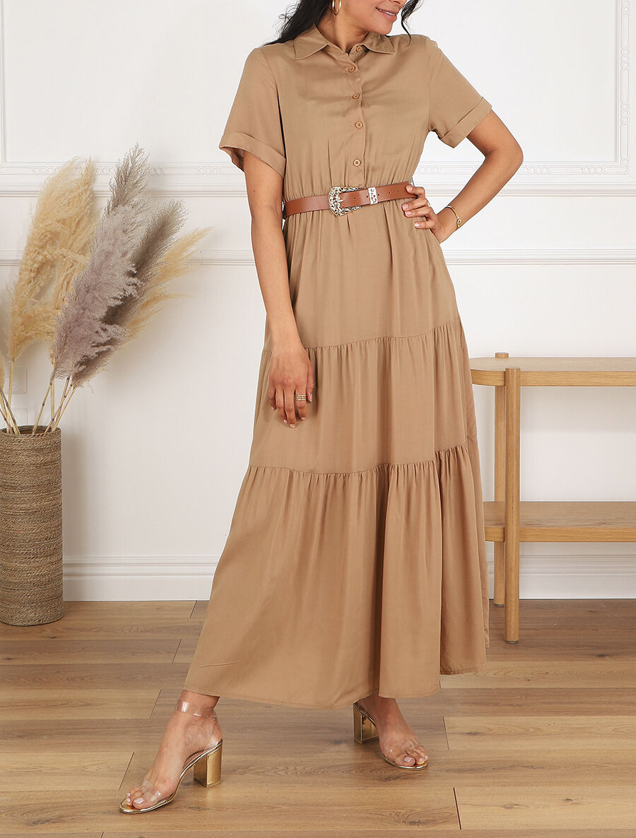 Robe longue unie à taille élastiquée - Beige - 4