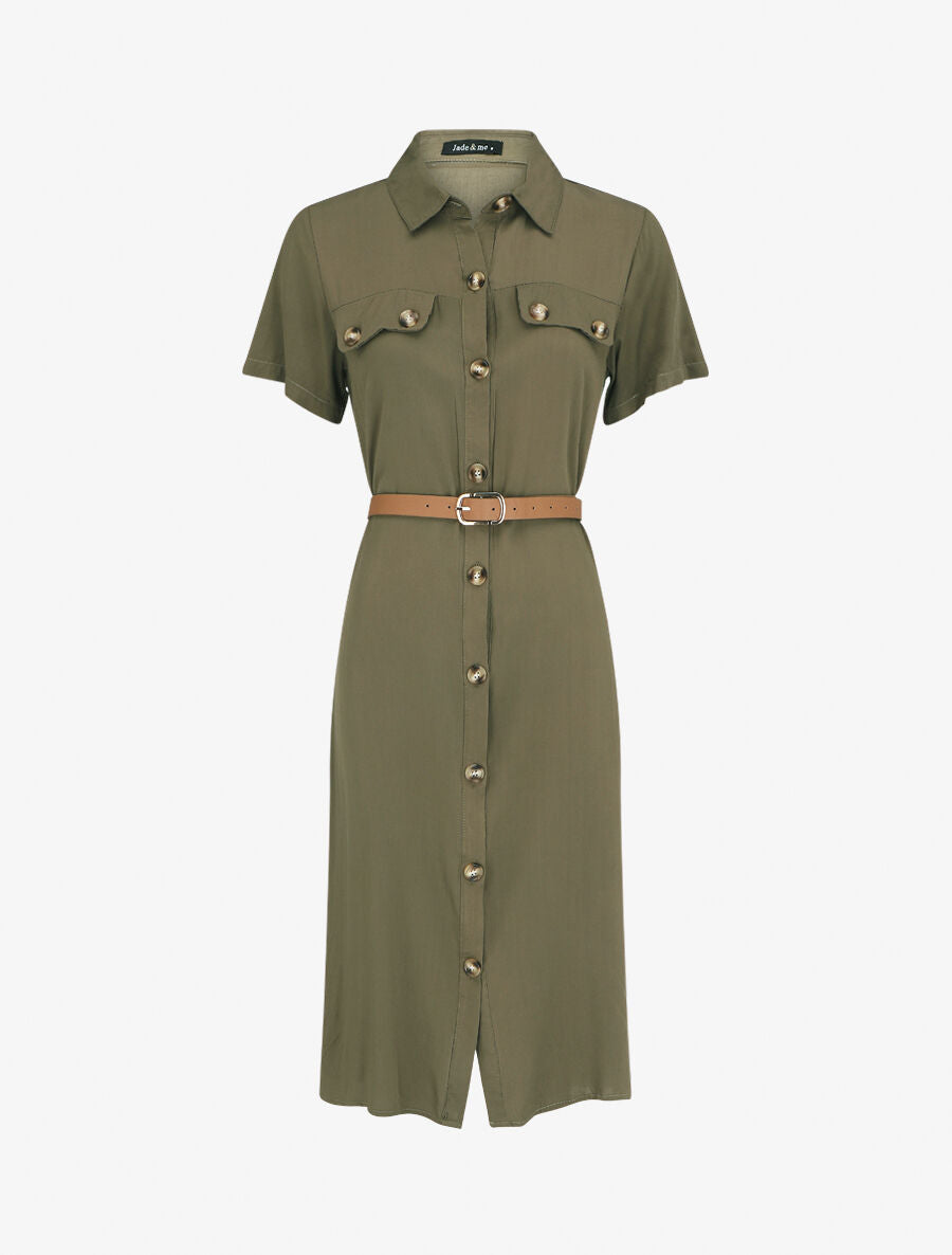 Robe chemise droite mi-longue manches courtes - Kaki - 1