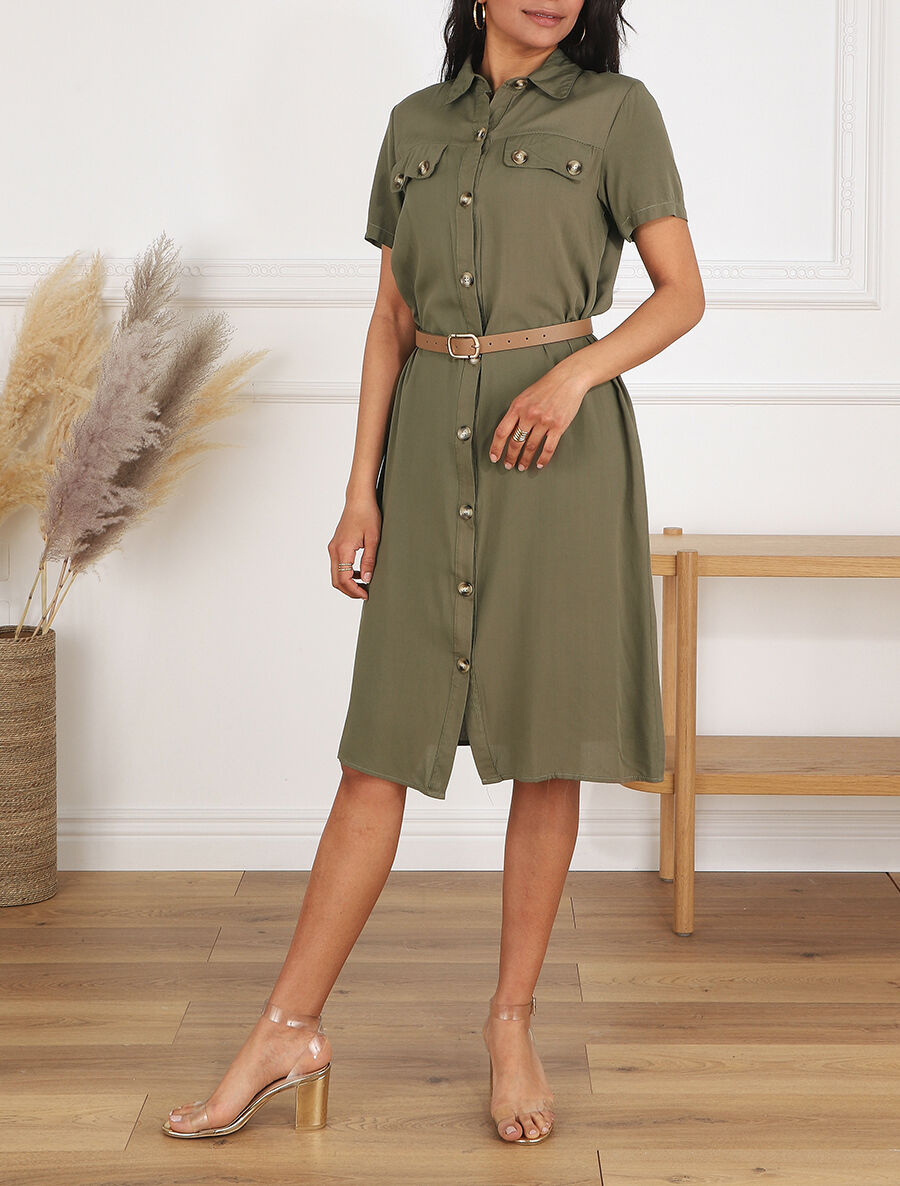 Robe chemise droite mi-longue manches courtes - Kaki - 4