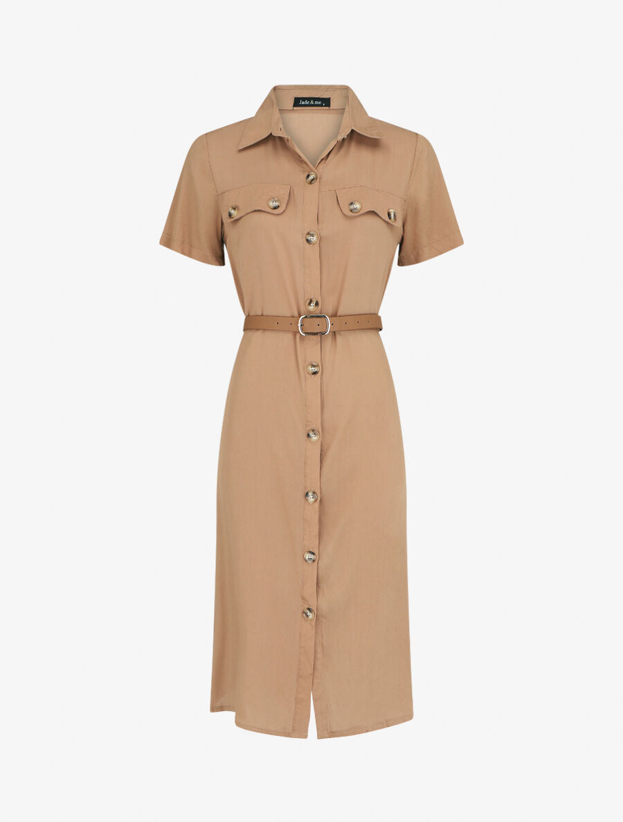 Robe chemise droite mi-longue manches courtes - Beige - 5