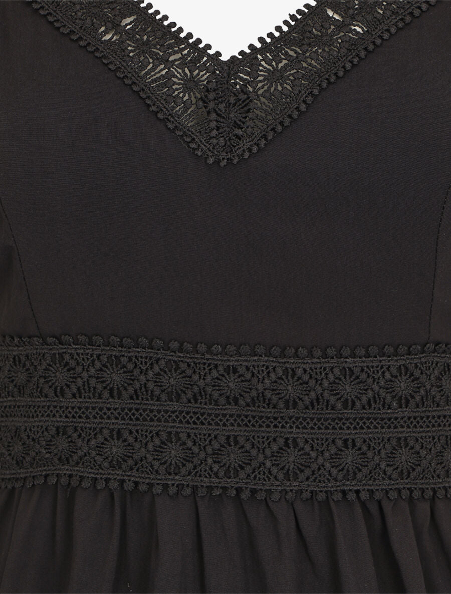 Robe courte unie et broderies - Noir - 3