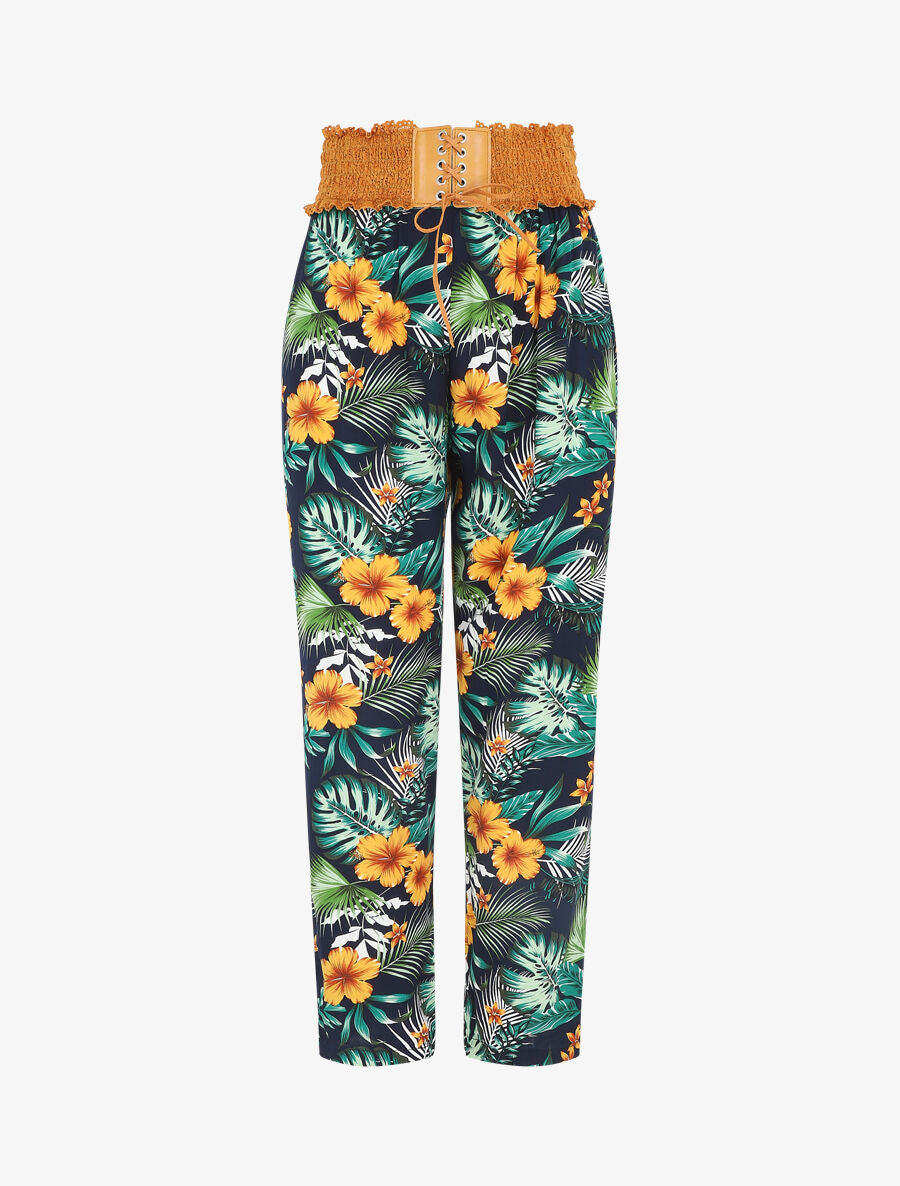 Pantalon droit taille haute imprimé tropical - Marine - 1