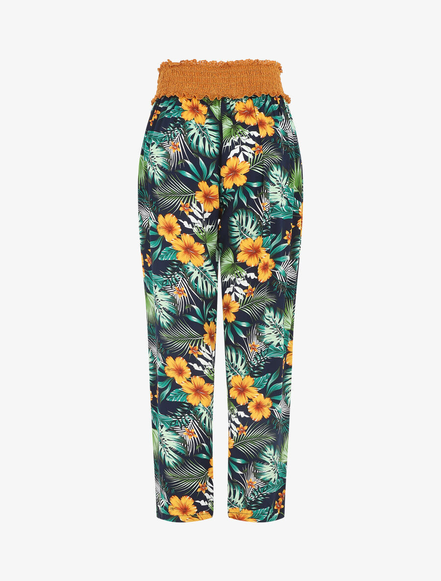 Pantalon droit taille haute imprimé tropical - Marine - 2