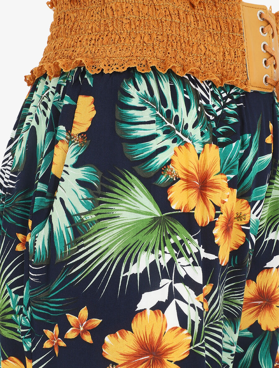 Pantalon droit taille haute imprimé tropical - Marine - 3