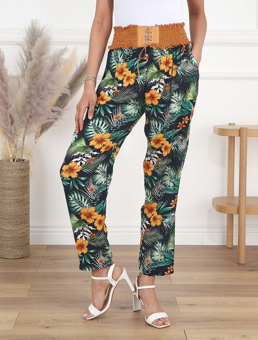 Pantalon droit taille haute imprimé tropical - Marine - 4