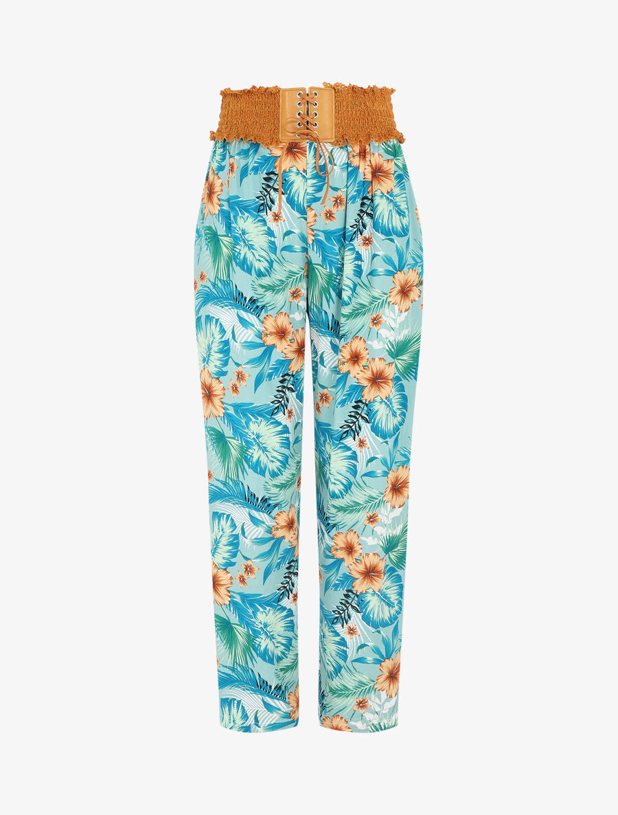 Pantalon droit taille haute imprimé tropical - Vert d&
