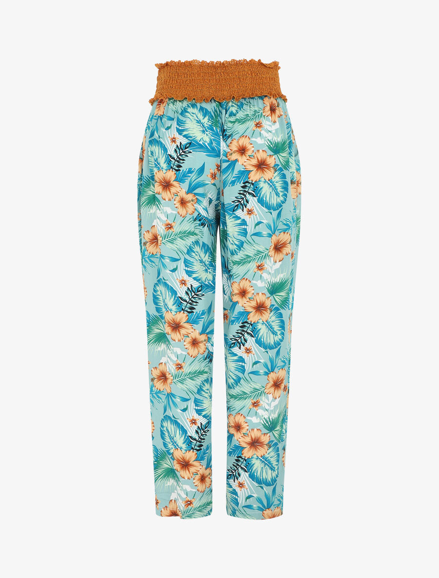 Pantalon droit taille haute imprimé tropical - Vert d&
