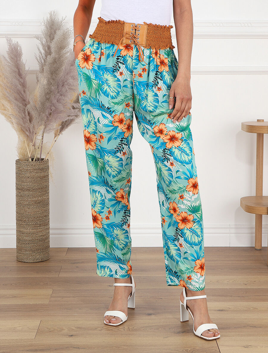 Pantalon droit taille haute imprimé tropical - Vert d&