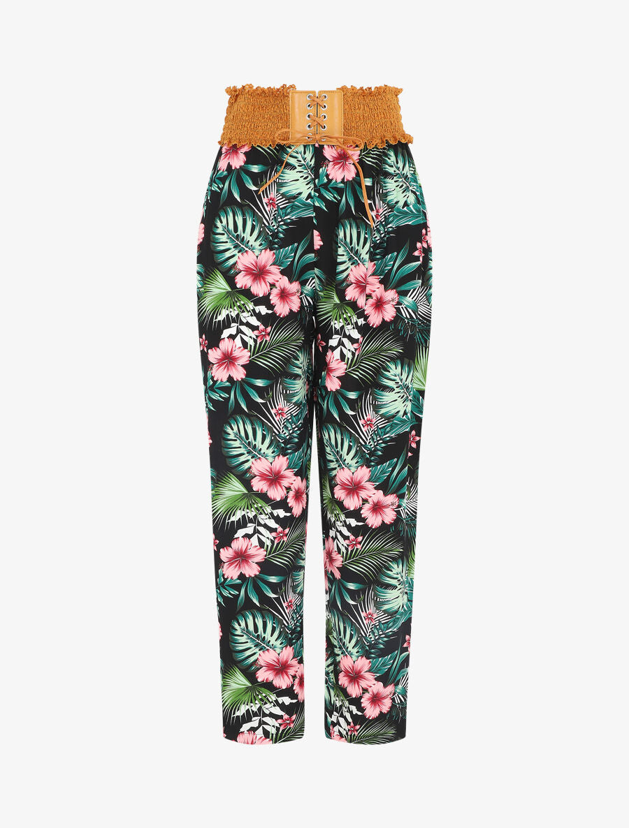 Pantalon droit taille haute imprimé tropical - Noir - 1