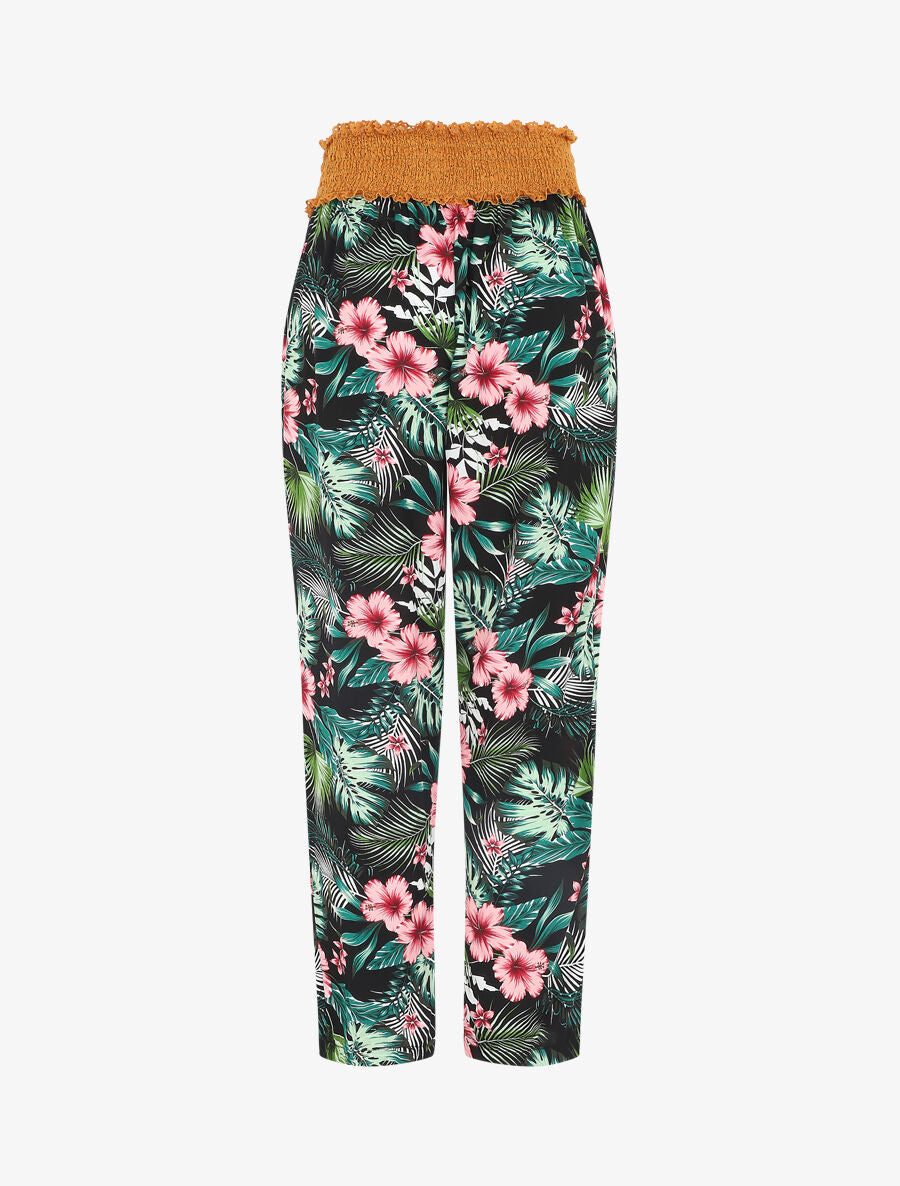 Pantalon droit taille haute imprimé tropical - Noir - 2