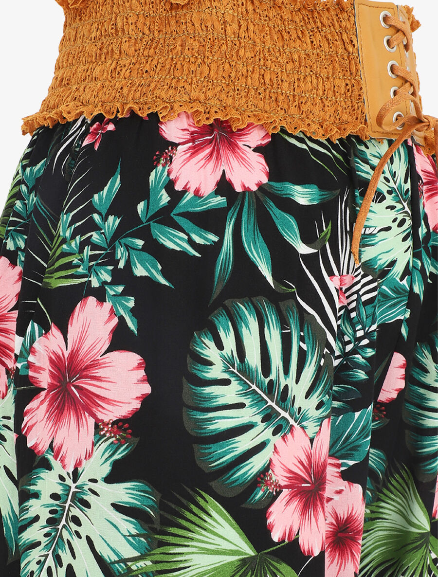 Pantalon droit taille haute imprimé tropical - Noir - 3