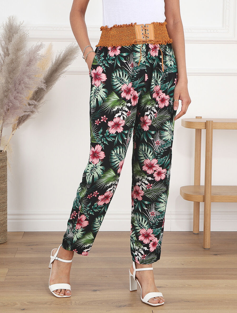 Pantalon droit taille haute imprimé tropical - Noir - 4
