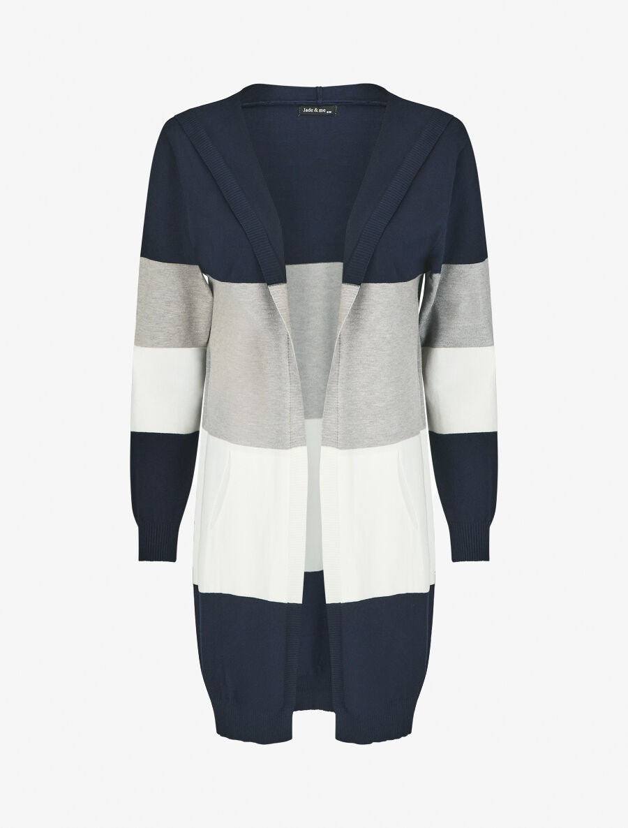 Gilet long rayé à capuche - Marine - 4
