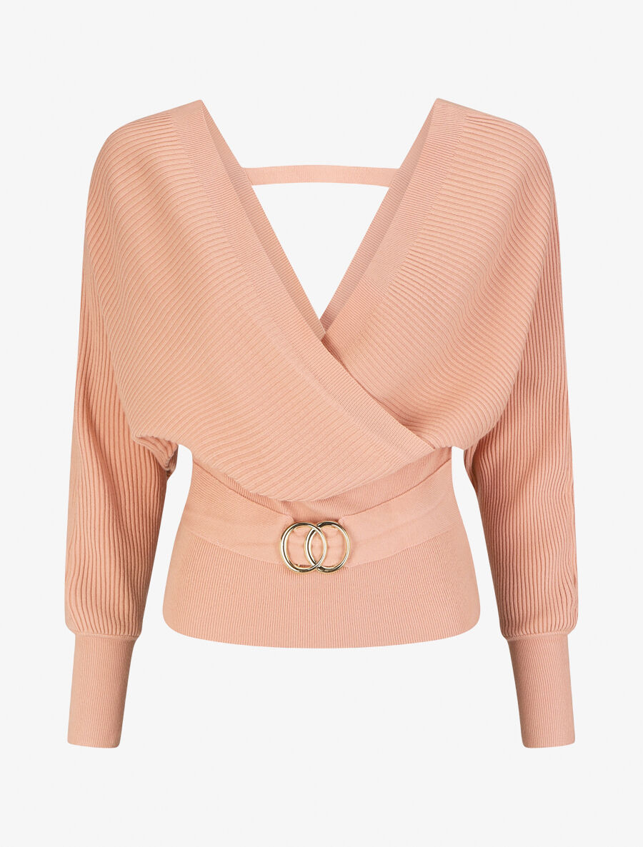 Pull fin à col cache-coeur - Rose - 6