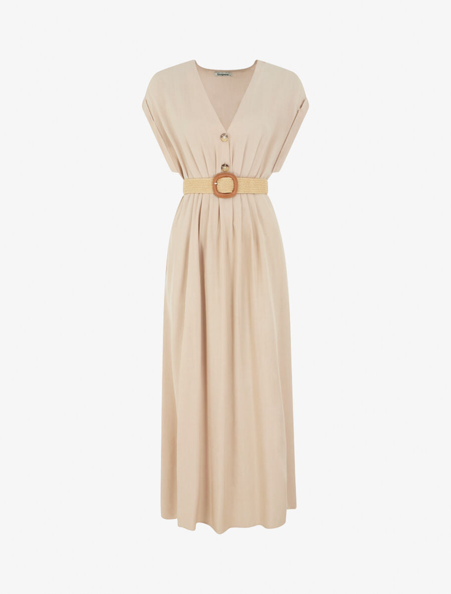 Robe longue unie élastiquée - Beige - 1