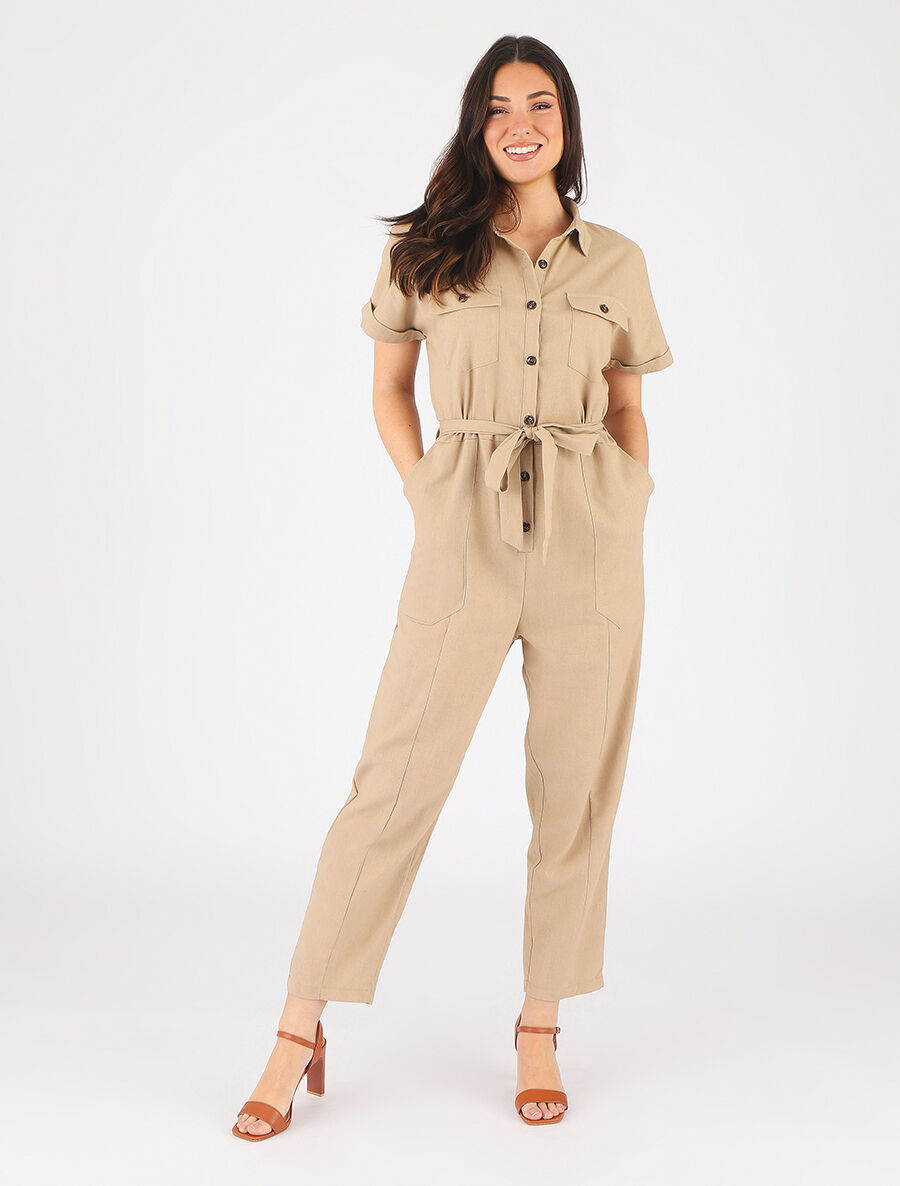 Combinaison unie boutonnée - Beige - 4