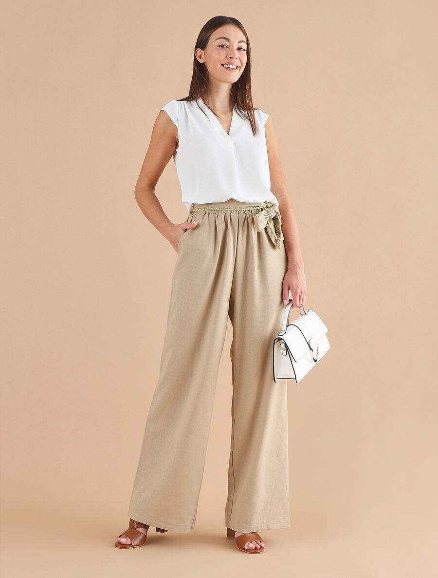 Pantalon élastiqué effet lin à ceinture stylisé - Beige - 4