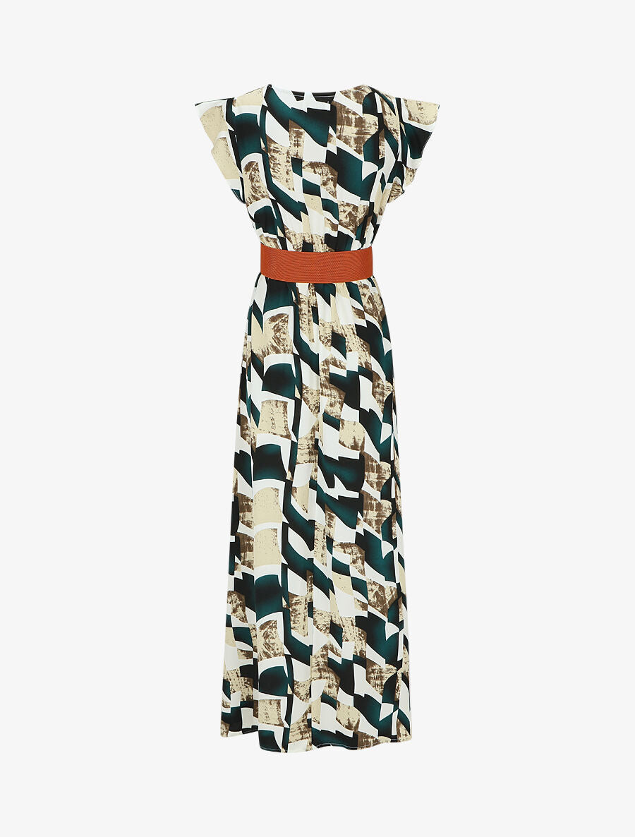 Robe imprimé graphique à manches courtes volantées - Vert - 2
