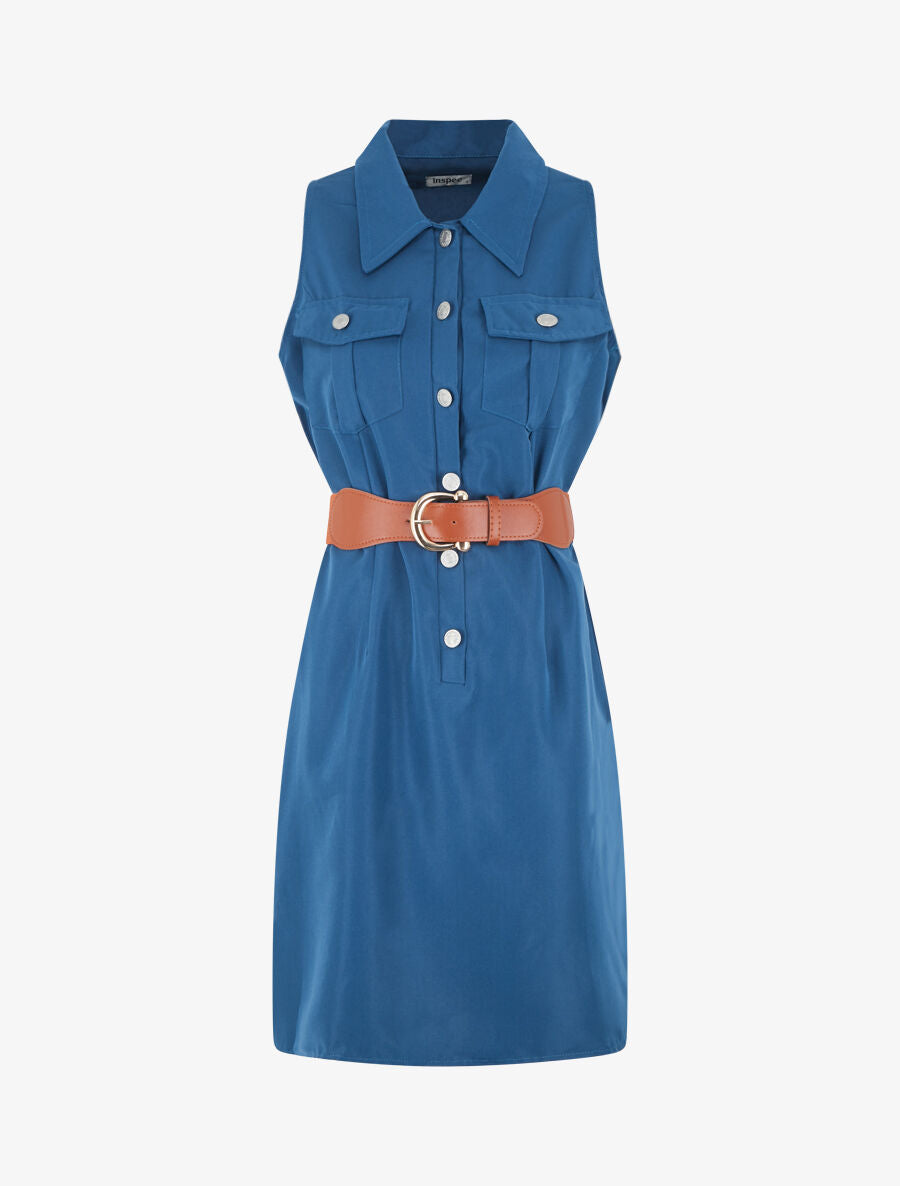 Robe unie style chemise sans manches - Bleu - 5