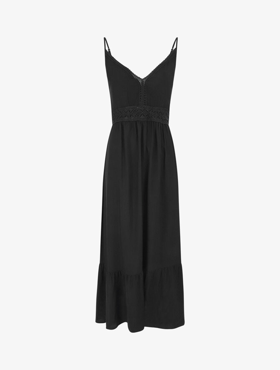 Robe longue unie à fines bretelles - Noir - 1
